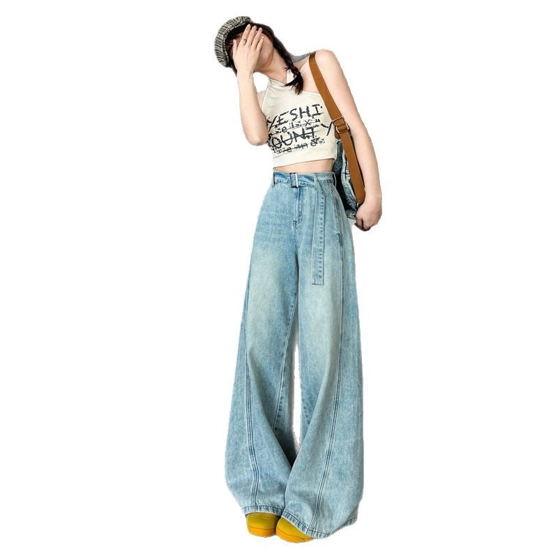Light-Colored High-Waisted Wide-Leg Jeans for Women - Slimming Draped Waistband