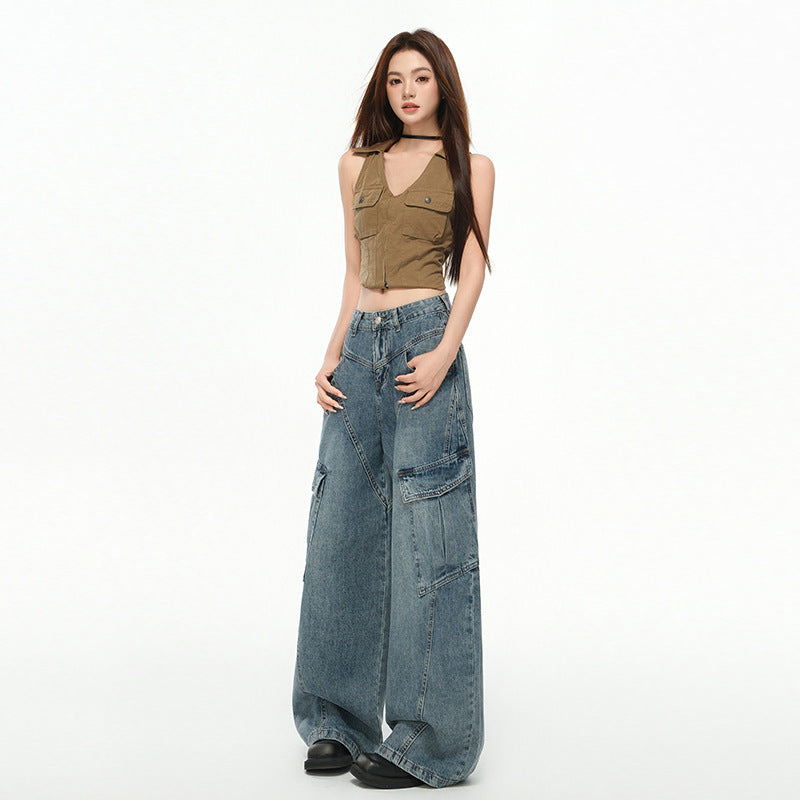 Women's Multi-Pocket Workwear Denim Pants - Loose Wide-Leg Style