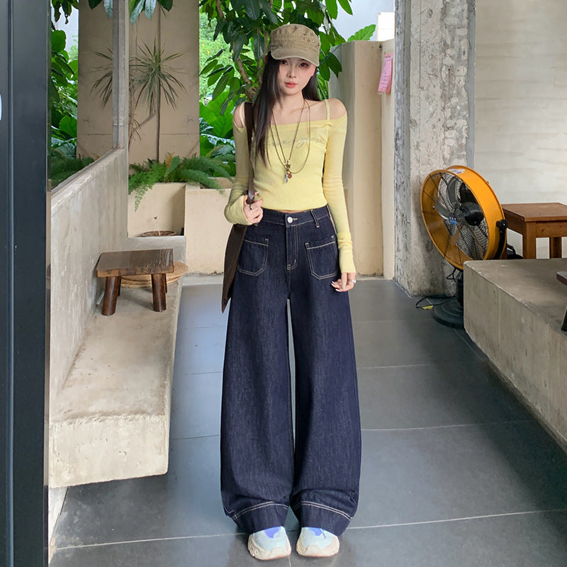 High-Waist Wide-Leg Denim Jeans for Women – Slimming Dark Blue Trousers