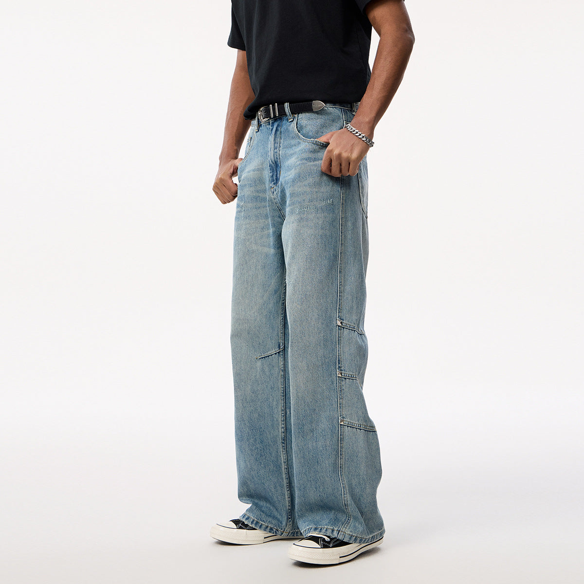 Irregular Three-Dimensional Straight Tube Workwear Denim Pants for Men