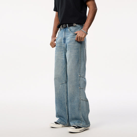 Irregular Three-Dimensional Straight Tube Workwear Denim Pants for Men