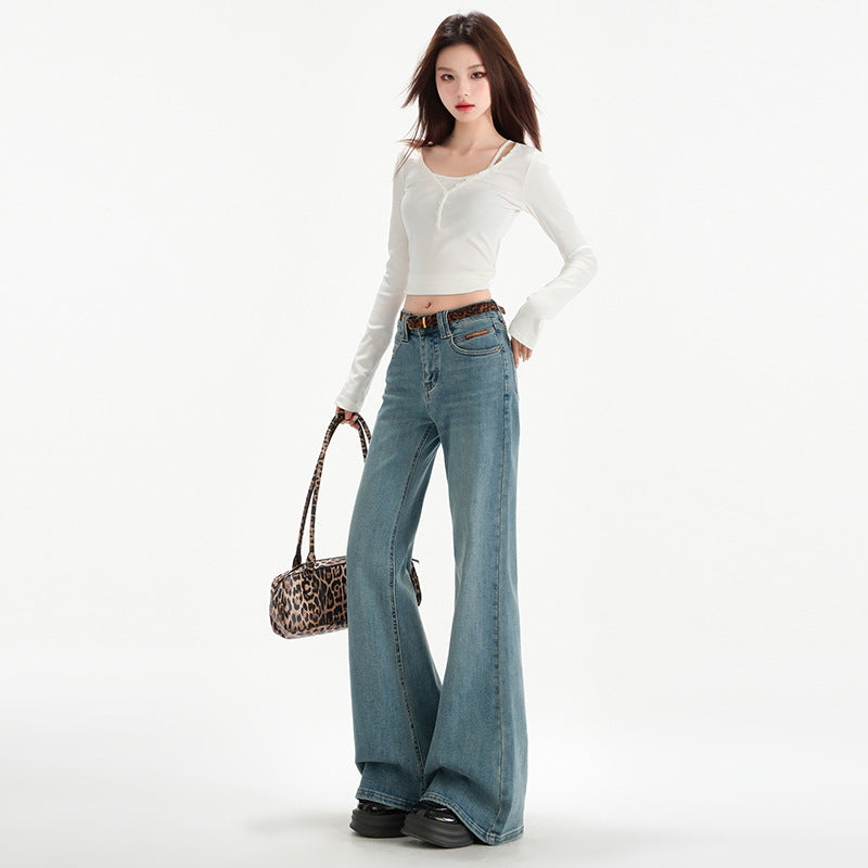 Retro Blue Non-tight Micro-flare Denim Pants for Women - Slimming Elegant Horseshoe Trousers