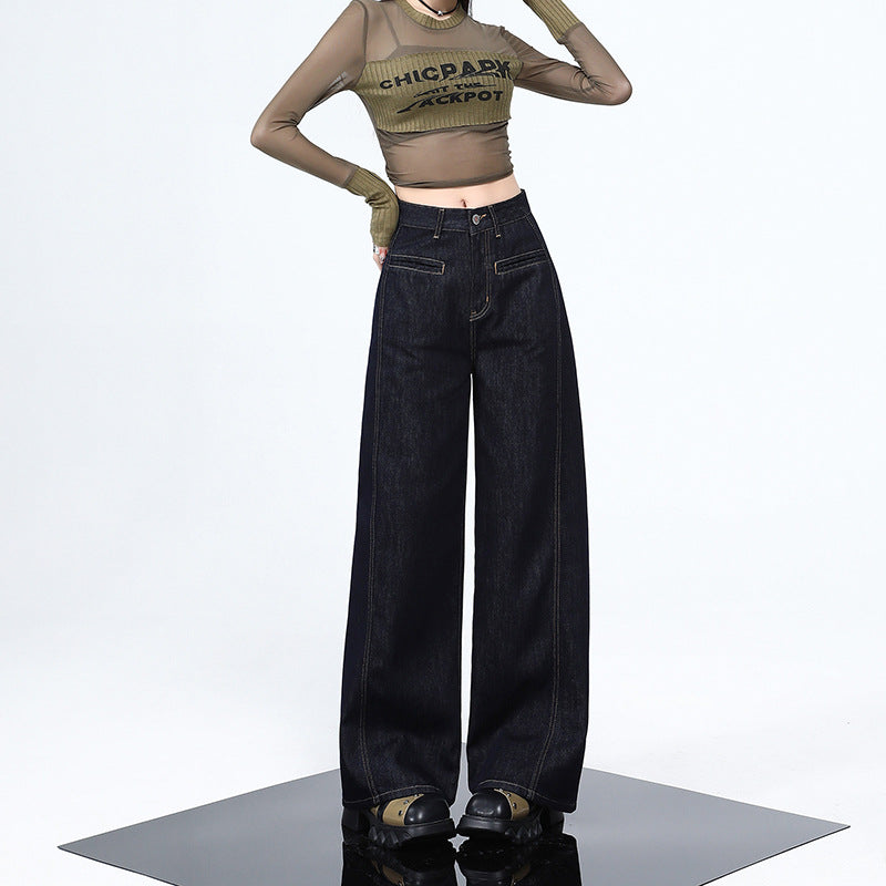 Dark Blue Wide-Leg Jeans for Women - High-Waist Tencel Loose Drape Pants