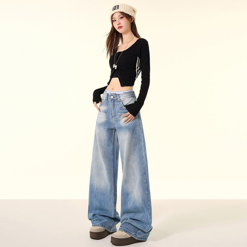 Women's High Street Leg Floor-Length Pants Washed Wide Leg Jeans
