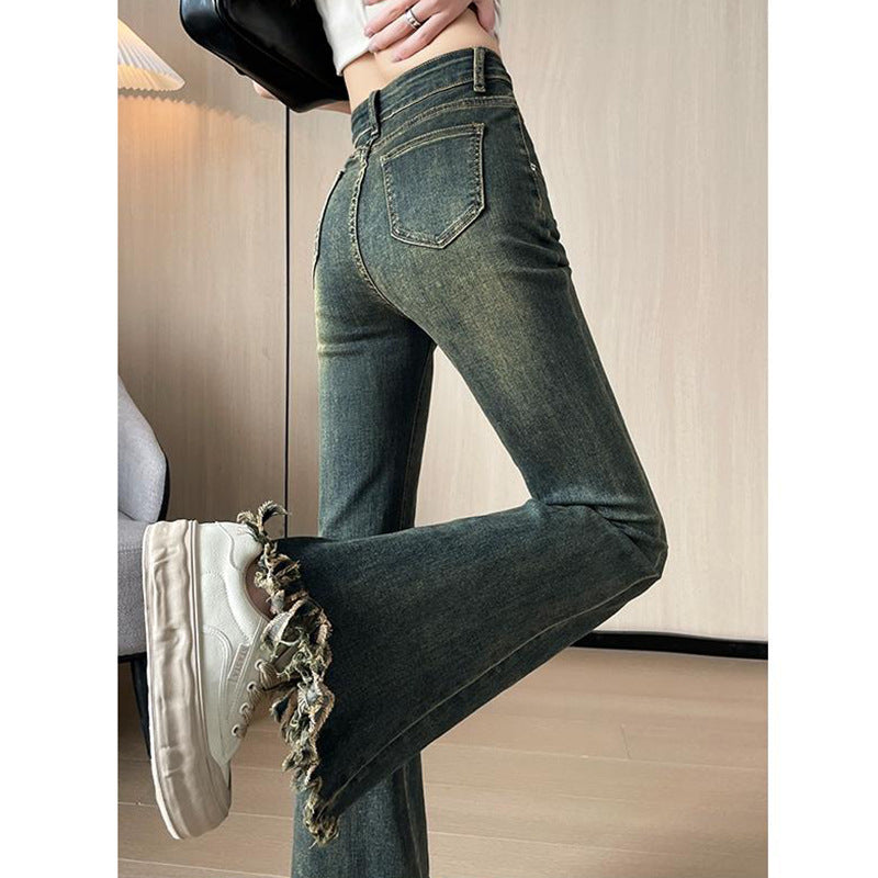 Style Double Button Flared Jeans for Women - High Waist Slimming Frayed Cuff