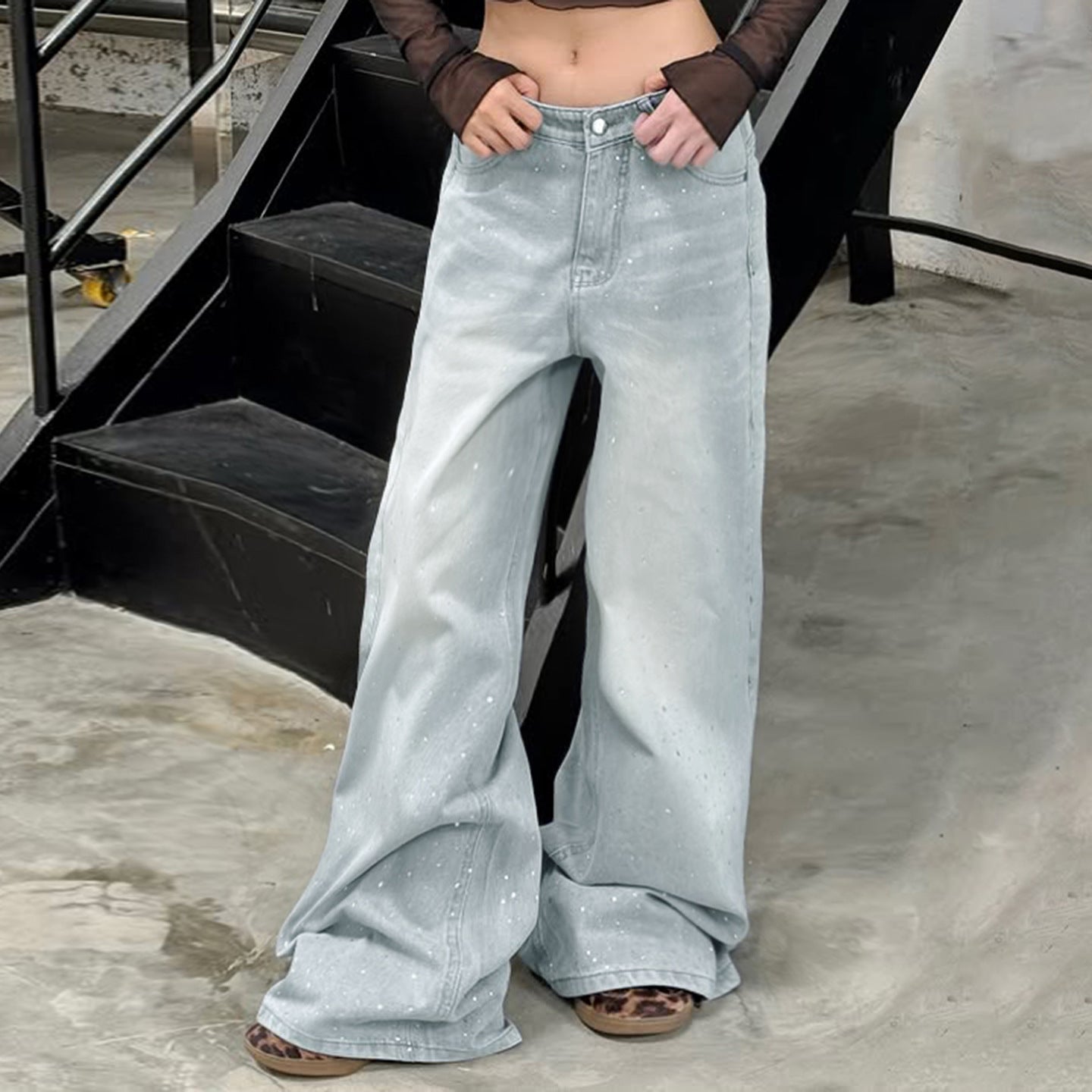 Premium Retro Washed Rhinestone Low Rise Jeans