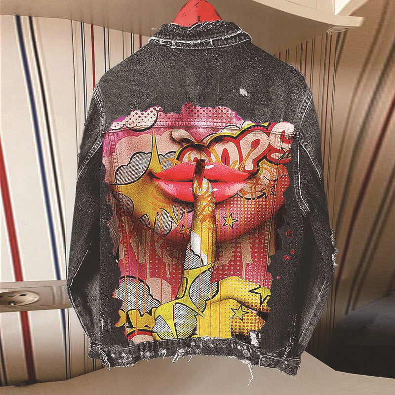 Women's Autumn Street Style Denim Jacket with Tongue Out Print