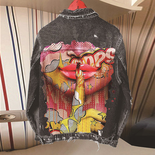 Women's Autumn Street Style Denim Jacket with Tongue Out Print