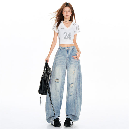 Distressed Slash Jeans for Women - Summer Loose Fit Straight Leg Wide Leg Pants