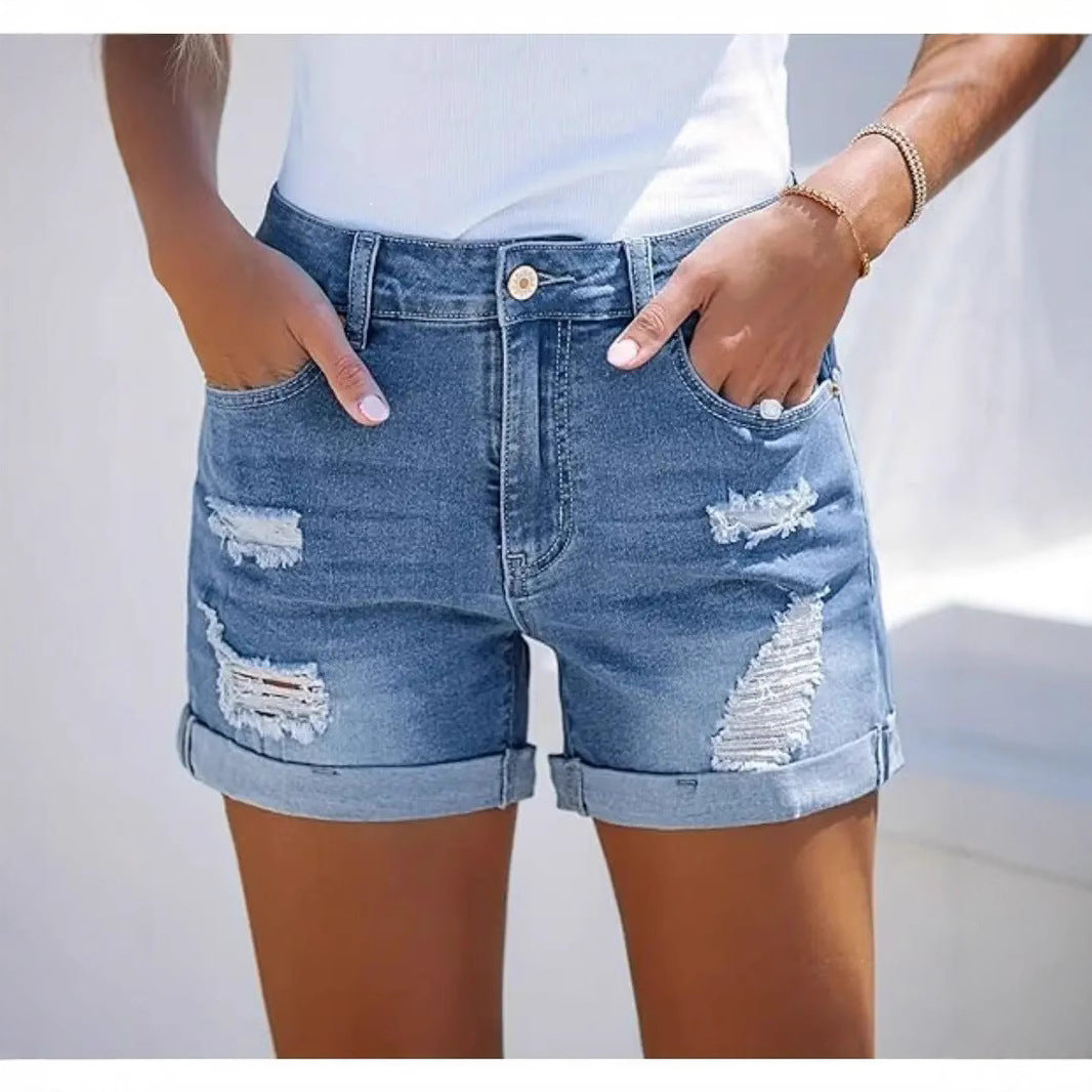 Women's High-Waist Comfortable Slimming Fashion Straight-Leg Casual Denim Shorts