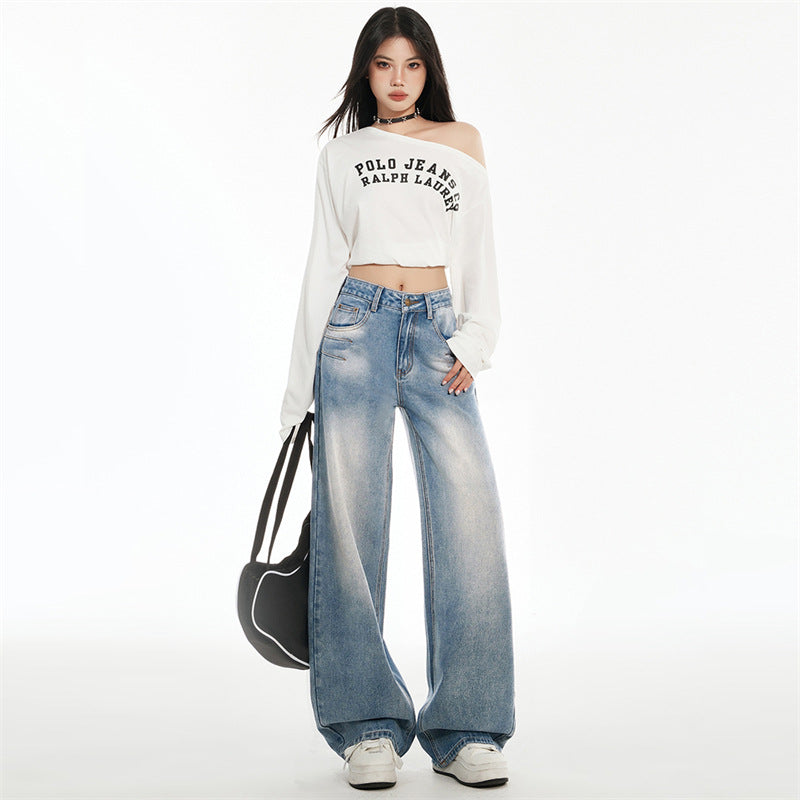 Washed Straight High Waist Jeans for Women - Slimming Embroidered Wide Leg Pants