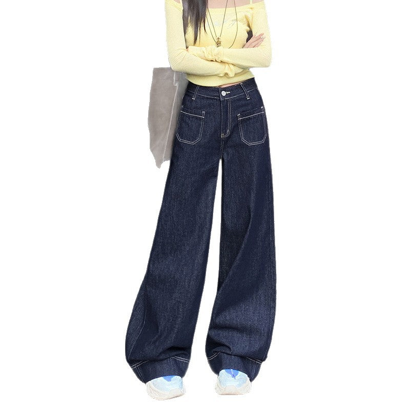 High-Waist Wide-Leg Denim Jeans for Women – Slimming Dark Blue Trousers