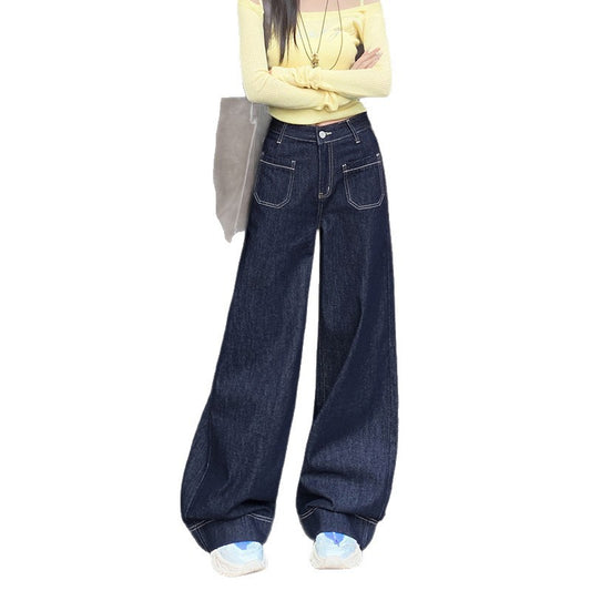 High-Waist Wide-Leg Denim Jeans for Women – Slimming Dark Blue Trousers