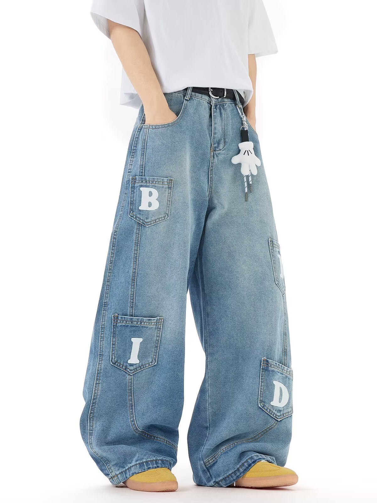 Washed Multi Pocket Design Curved Knife Denim Loose Pants