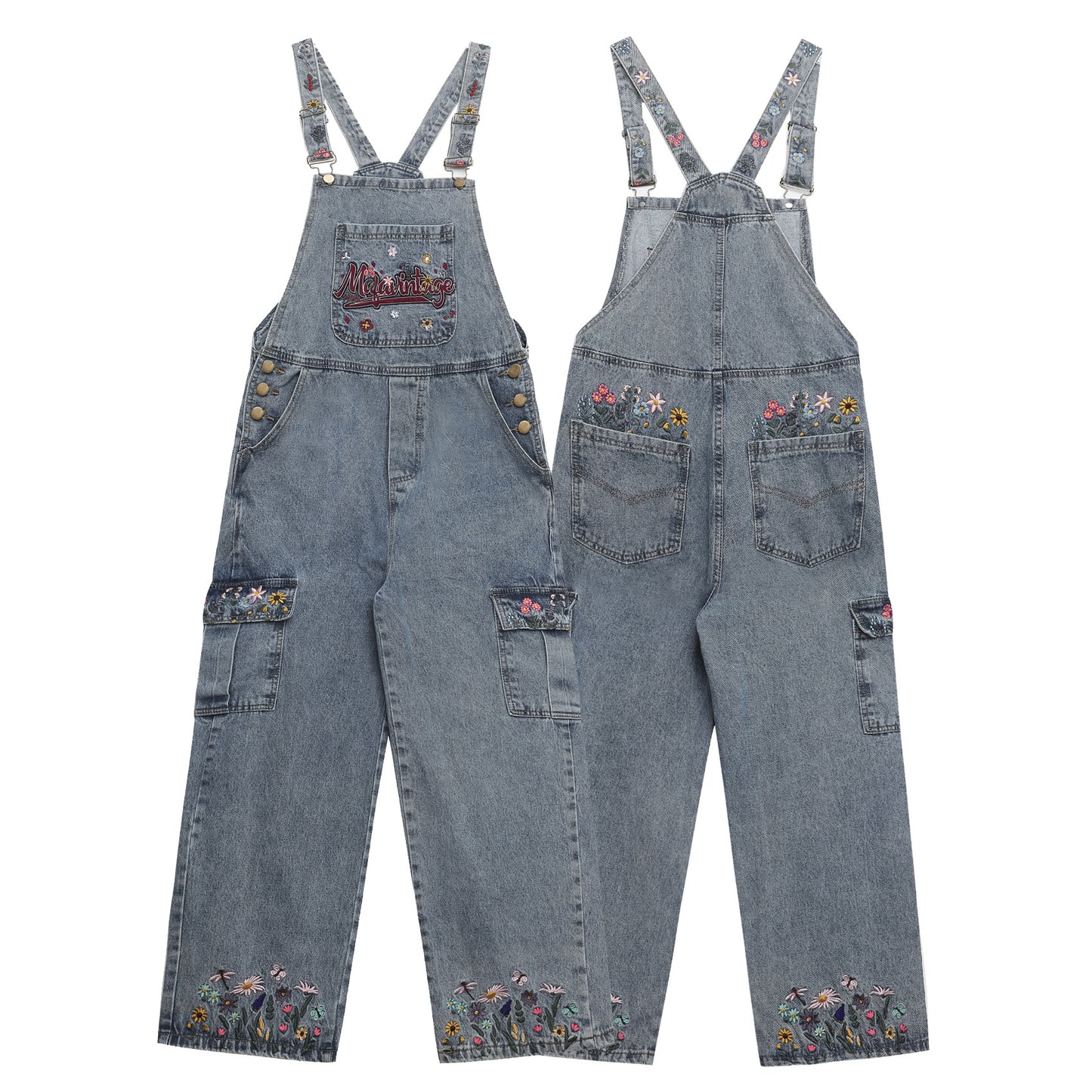 Trendy Washed Floral Letter Embroidery Denim Overalls Unisex High Street Retro Loose Jumpsuit