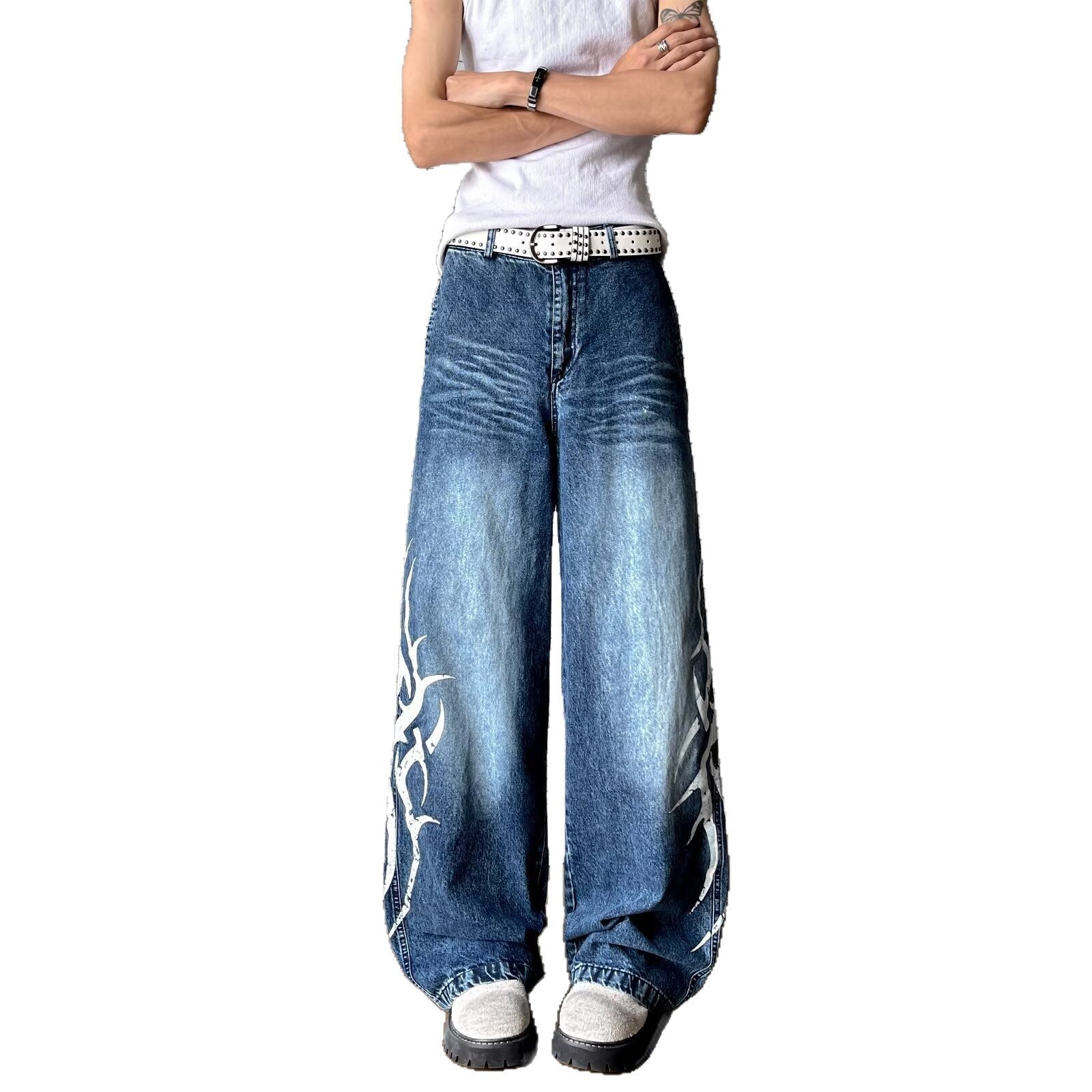 Washed Totem Print Loose Straight Leg Denim Retro Wide Leg Casual Pants