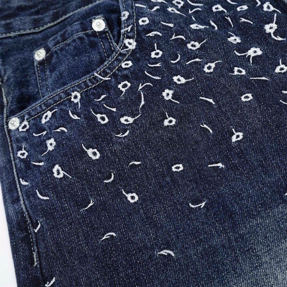 Street Design Floral Embroidered Denim Wide-Leg Long Pants