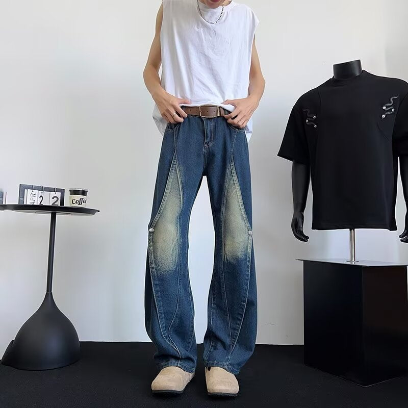 Small Niche Patchwork Design Washed Loose Wide Leg Pants