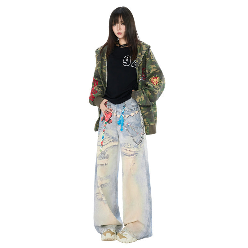 Graffiti Heart Bear Chain Curved Knife Pants - High Street Loose Wide Leg Jeans for Women