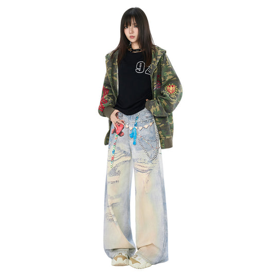 Graffiti Heart Bear Chain Curved Knife Pants - High Street Loose Wide Leg Jeans for Women