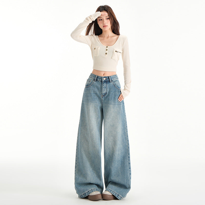 Vintage Blue Wide-Leg High-Waist Jeans for Women