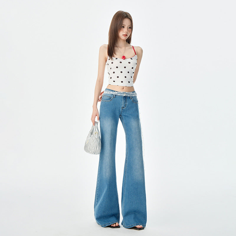 Women's Blue Low-Waist Jeans - Summer Loose Slimming Drape Bell-Bottom Pants