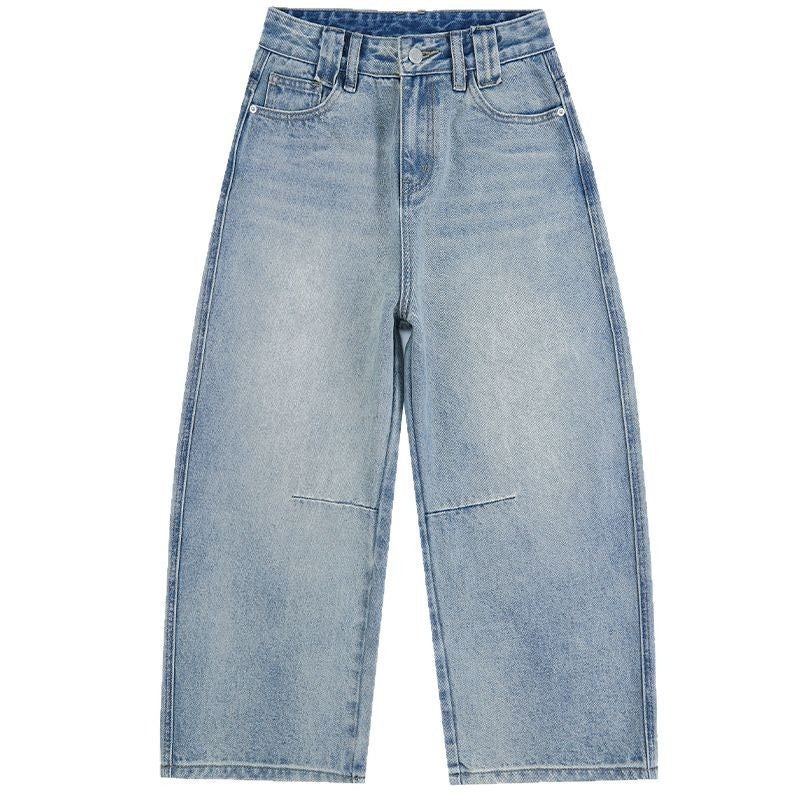 Vintage Washed Calf-Length Denim Pants for Women - Pleated High-Waisted Wide-Leg Trousers