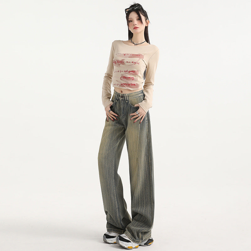 Distressed Stripe Denim Pants for Women - Fashionable Straight Leg Wide Leg Trousers