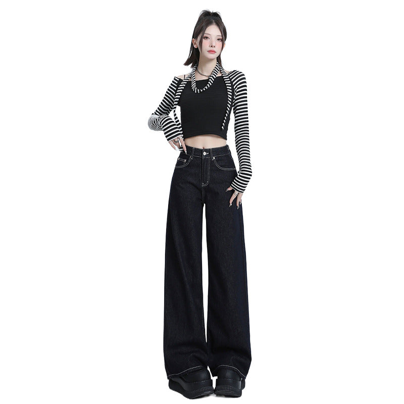 Women's Deep Blue Wide-Leg Slimming Jeans High-Waisted Loose Straight Pants