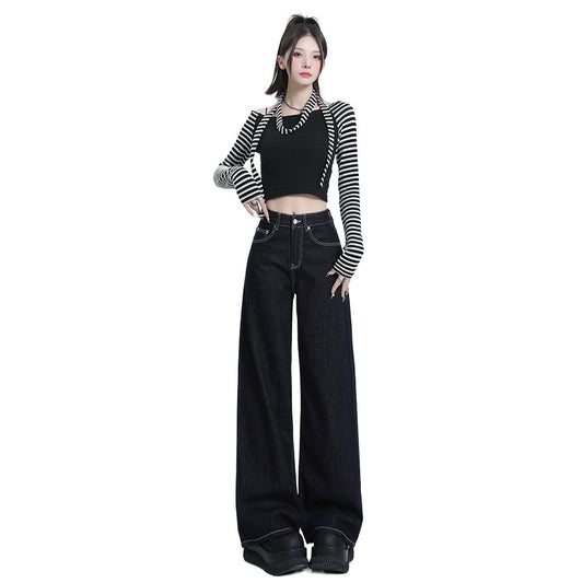 Women's Deep Blue Wide-Leg Slimming Jeans High-Waisted Loose Straight Pants