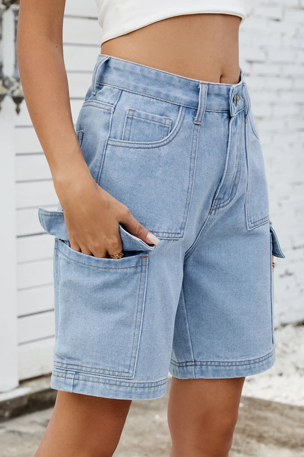 High Rise Denim Shorts with Cargo Pockets
