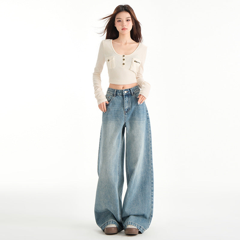 Vintage Blue Wide-Leg High-Waist Jeans for Women