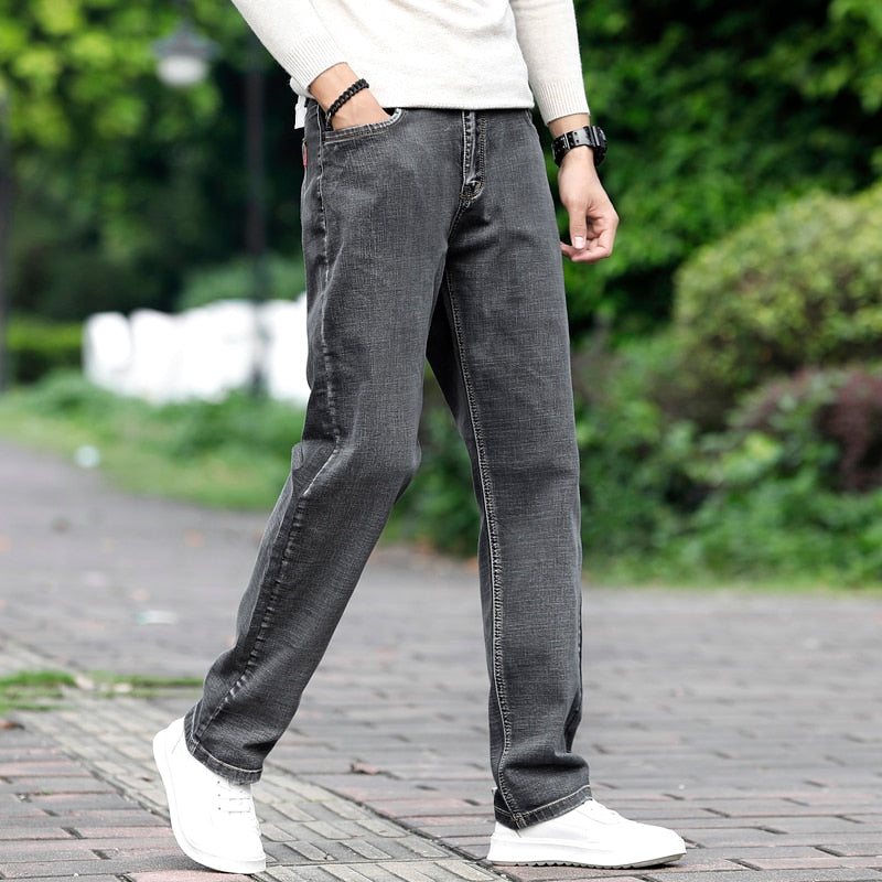 Men's Grey Casual Stretch Denim Trousers - Plus Size Business Jeans