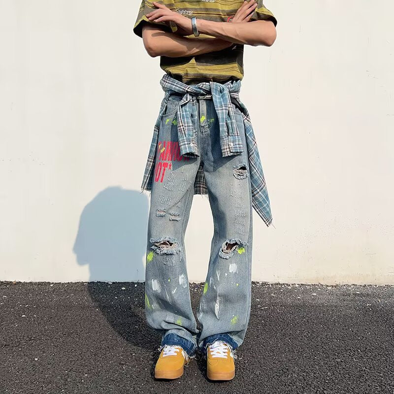 Retro Washed Graffiti Ripped Jeans - Loose Wide Leg Pants