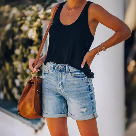 Fashion Street Style Rolled Hem Distressed Straight Leg Women's Denim Shorts