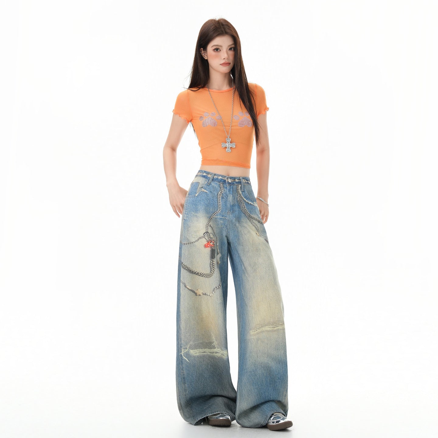 Women's Chain Print Denim Pants - Casual Hip-hop Style Loose Wide Leg Tapered Fit