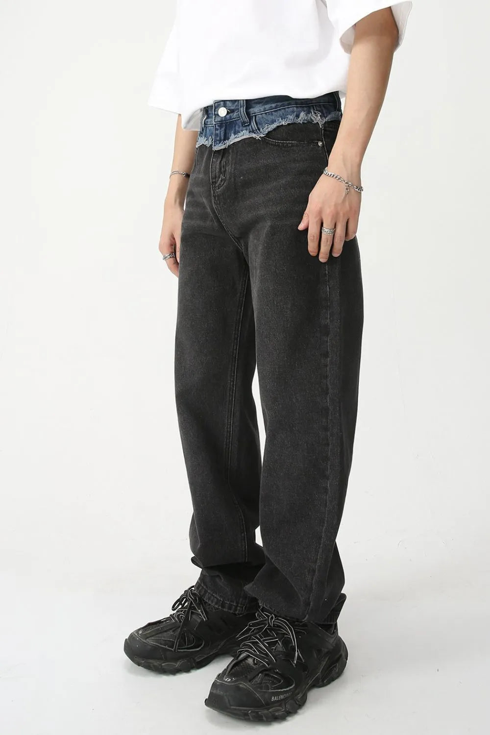 Men's Spliced Raw Hem Straight Leg Jeans
