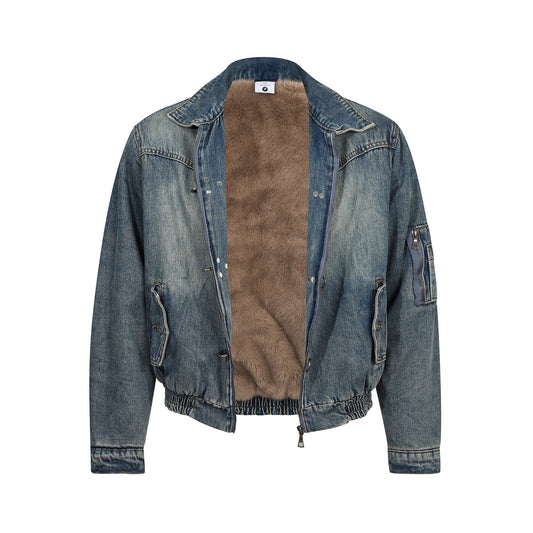 Vintage Winter Fashion Metal Snap Design Fleece Lined Thick Warm Men's Cotton Coat Denim Jacket