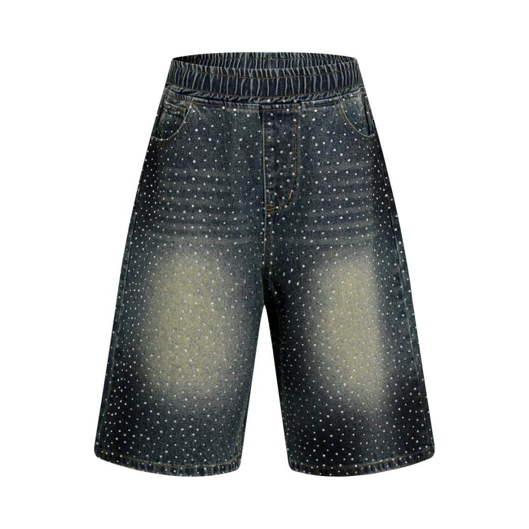 Washed Vintage Graffiti Rhinestone Denim Shorts for Men - Loose Fit Wide Leg Pants