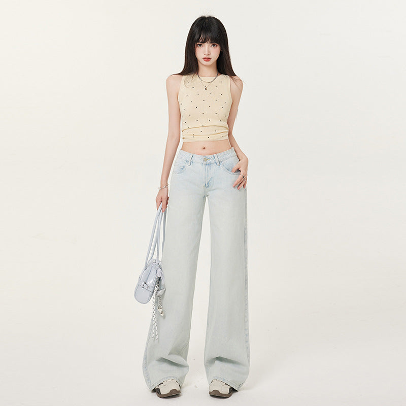 Women's Low Waist Light Color Straight Leg Jeans - Slimming Floor-Length Pants