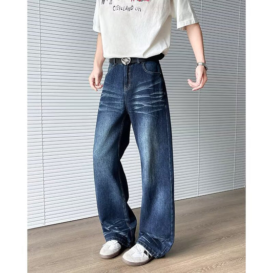 Retro Semi Elastic Waist Casual Loose Straight Leg Wide Leg Pants