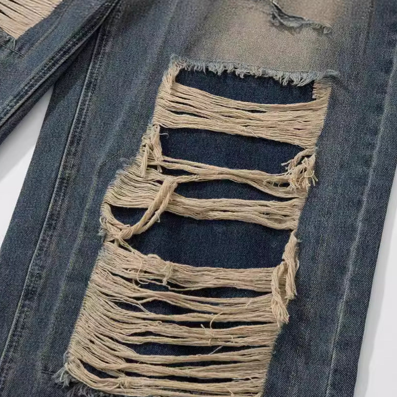 Ripped Denim Washed Tassel Loose Straight Leg Wide Leg Pants