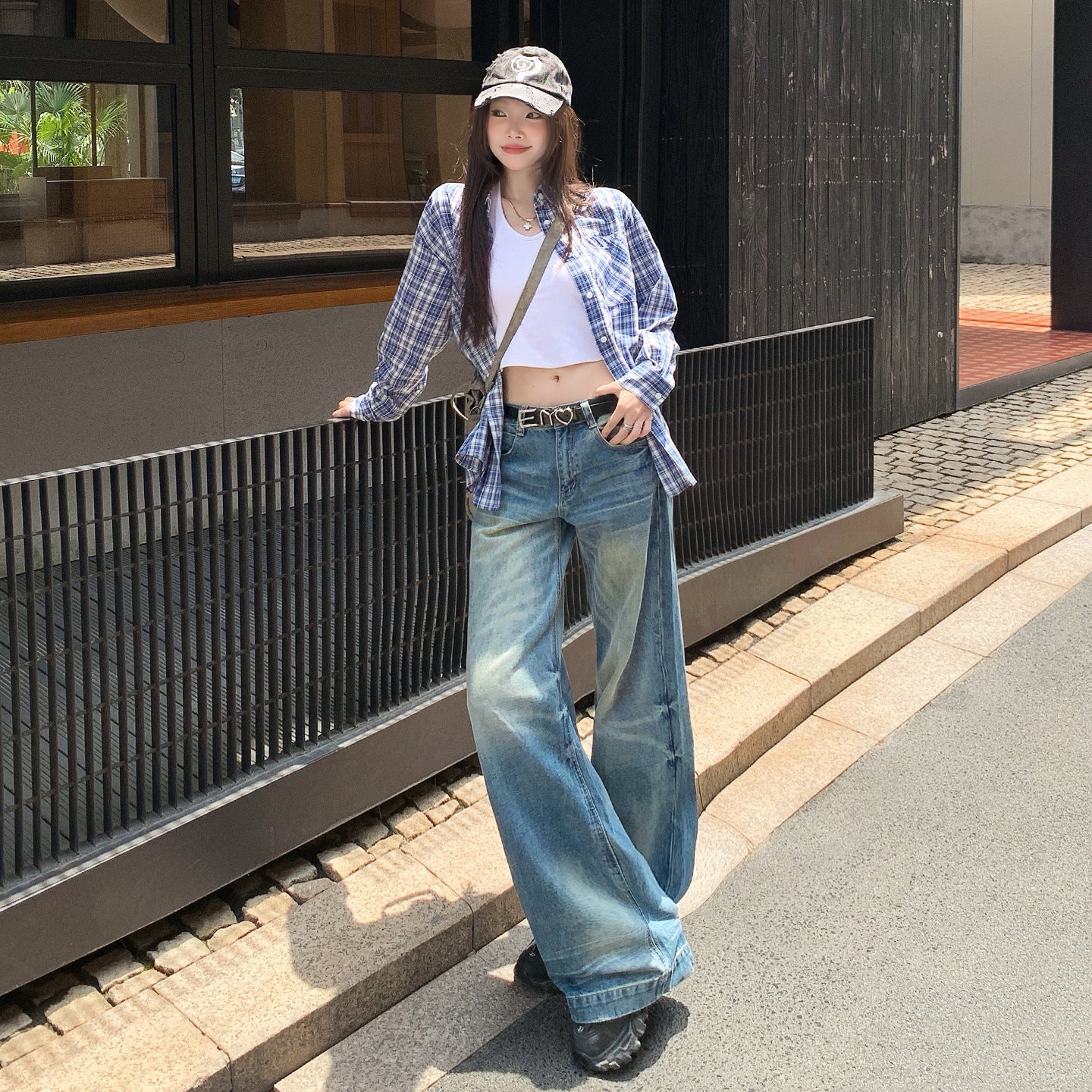 Retro Washed Denim Pants for Women - Loose Fit High Waist Anti-Wrinkle Slim Wide Leg Long Pants