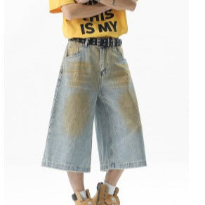 Vintage Seven Quarter Denim Loose Straight Shorts - Wasteland Blue