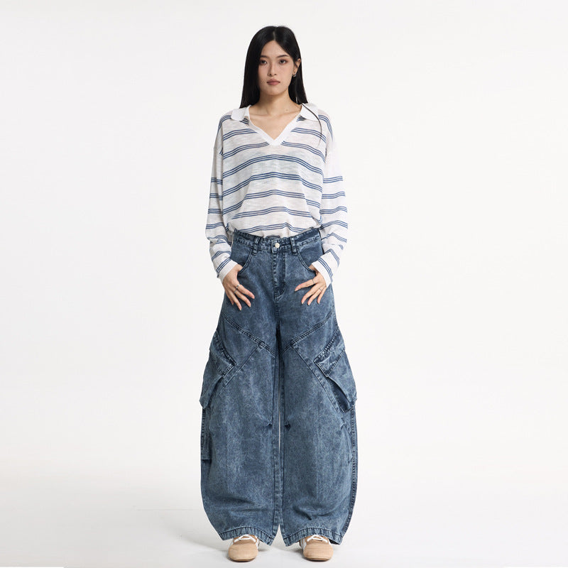 Design Knife-Style Cargo Pants Unisex Streetwear Loose Straight Wide-Leg Jeans