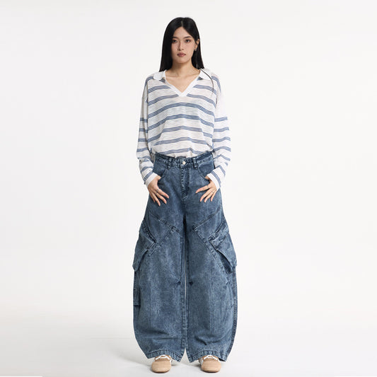 Design Knife-Style Cargo Pants Unisex Streetwear Loose Straight Wide-Leg Jeans