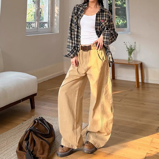 Spliced Wide-Leg Jeans with Vintage Design and Water-Washed Cutting for Women