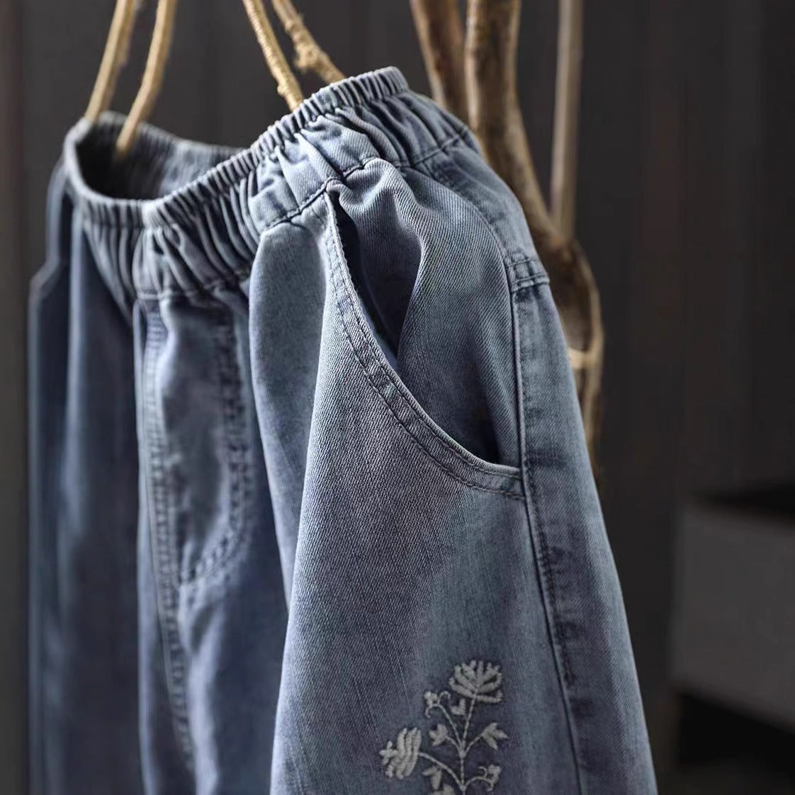 Spring New Embroidered Cotton Washed Soft Denim Harem Pants