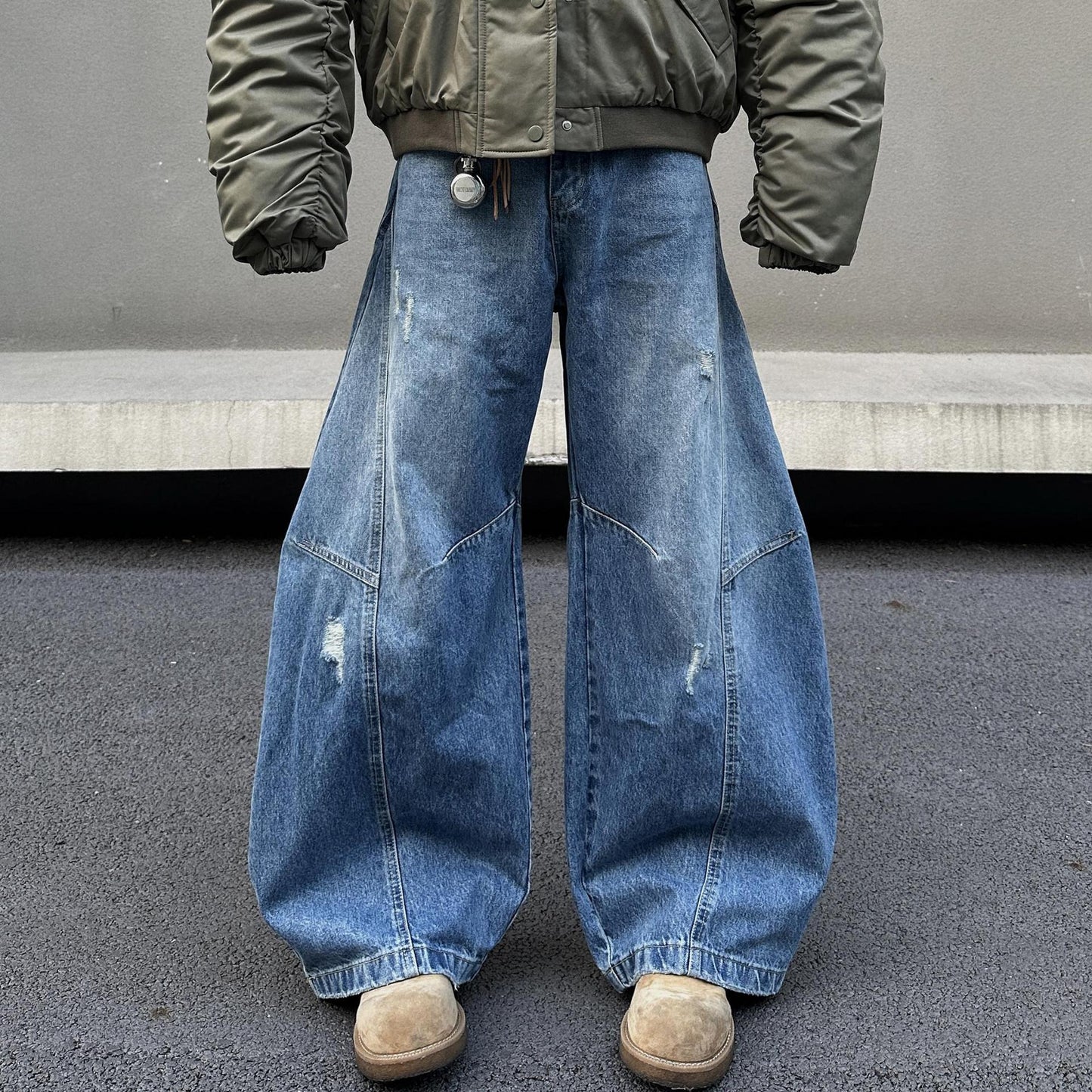 Retro Semi Elastic Waist Ripped Casual Wide Leg Pants