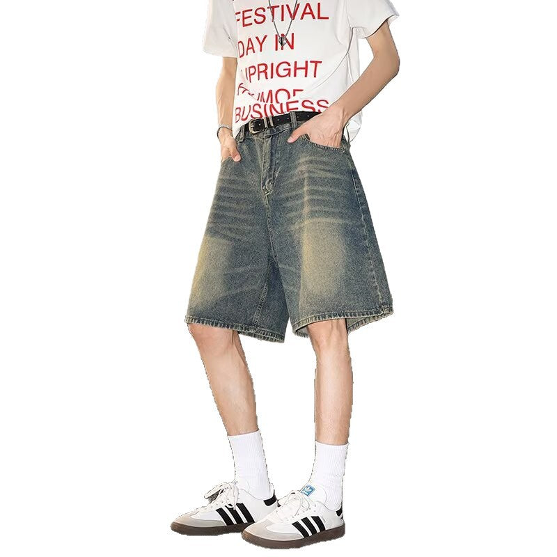 Washed and Worn Semi-Elastic Waist Denim Shorts